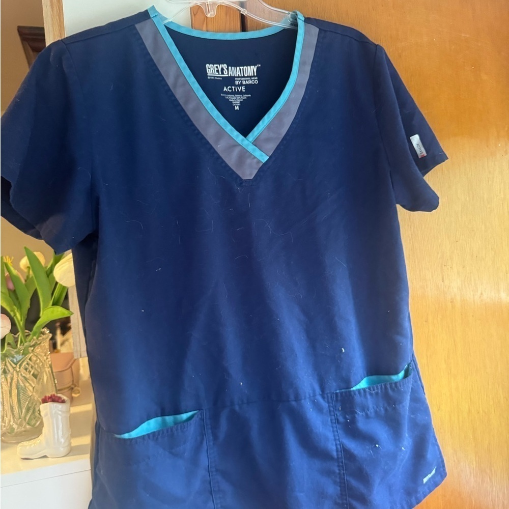 Grey's Anatomy Dark Blue Scrub Top with Aqua Trim